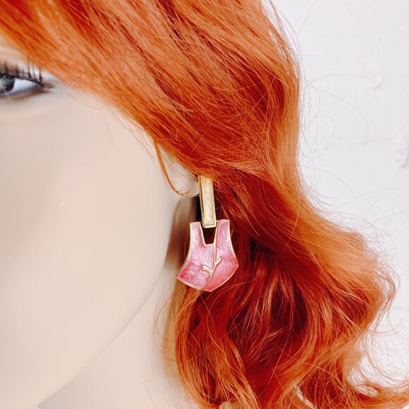 VTG 1980s Marbled Pink Enamel Geometric Statement Earrings Gold Tone Hinged - Picture 6 of 10